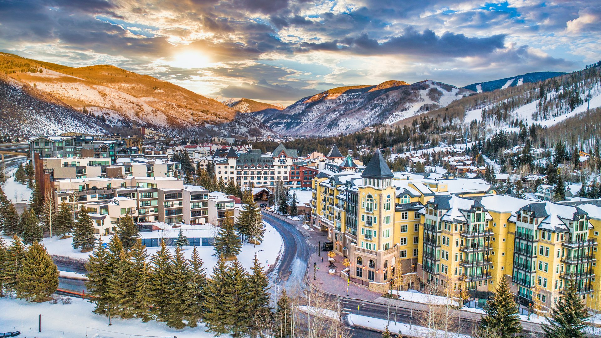 Scenic mountain view of Vail Village at sunset